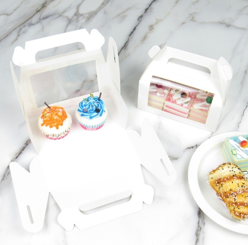 white Paper Bakery Boxes Cupcake Containers Gable Gift Candy Cookie pastry Dessert Treat Boxes with Handle and display window