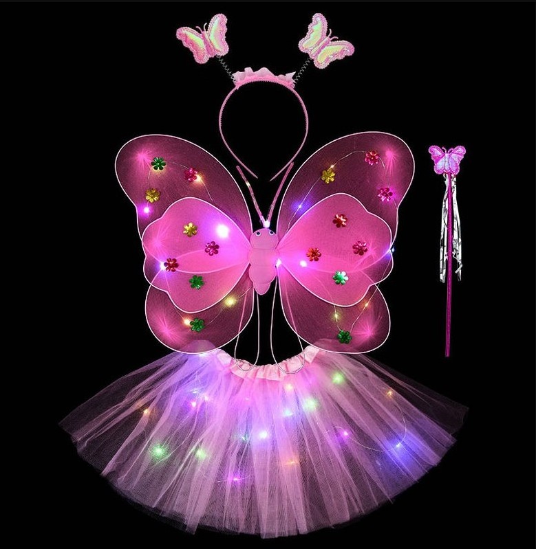 Girls Light up Fairy Costume Set fairy angel wings LED butterfly wings LED tutu skirt with Wand and Headband