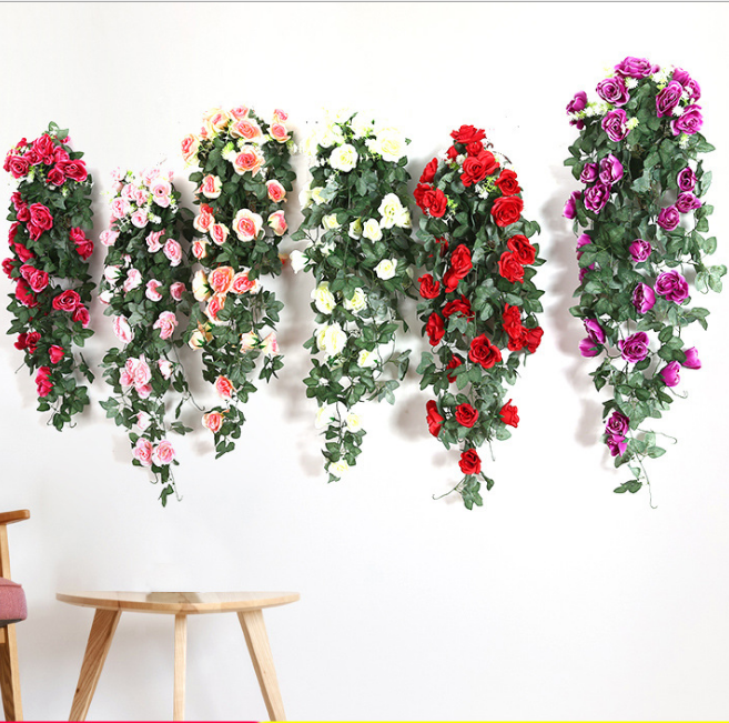 Artificial Hanging Flower wall Hanging Basket Silk Flower Rose Vine with green leaves Fake Flower Greeny Chain wall decor