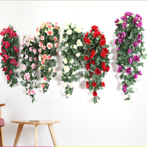 Artificial Hanging Flower wall Hanging Basket Silk Flower Rose Vine with green leaves Fake Flower Greeny Chain wall decor