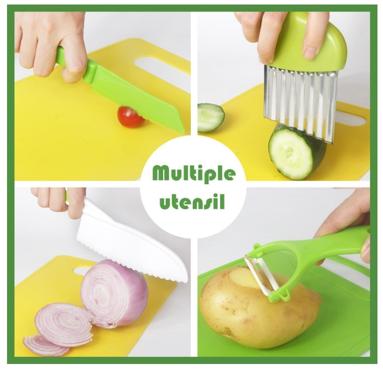 20Pcs Serrated Edges Toddler Knives Plastic Cutting Board Kids Baking Cooking Utensil Set With Silicone Scraper