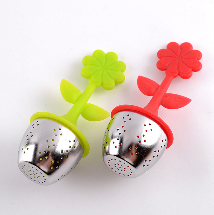 Flower Shaped Silicone Handle Stainless Steel Loose Leaf Tea Ball Infuser Filter with Drip Tray For Teapots And Mugs