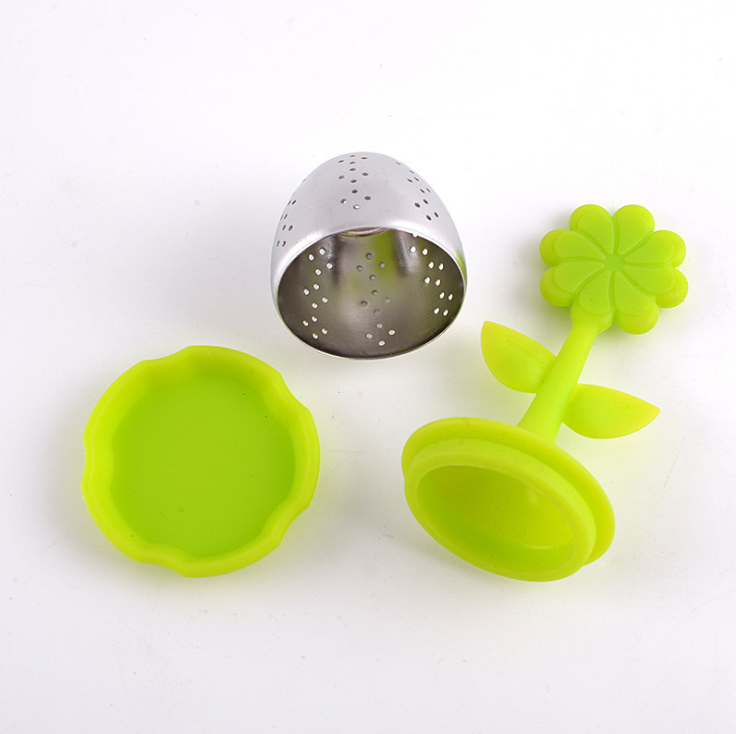 Flower Shaped Silicone Handle Stainless Steel Loose Leaf Tea Ball Infuser Filter with Drip Tray For Teapots And Mugs