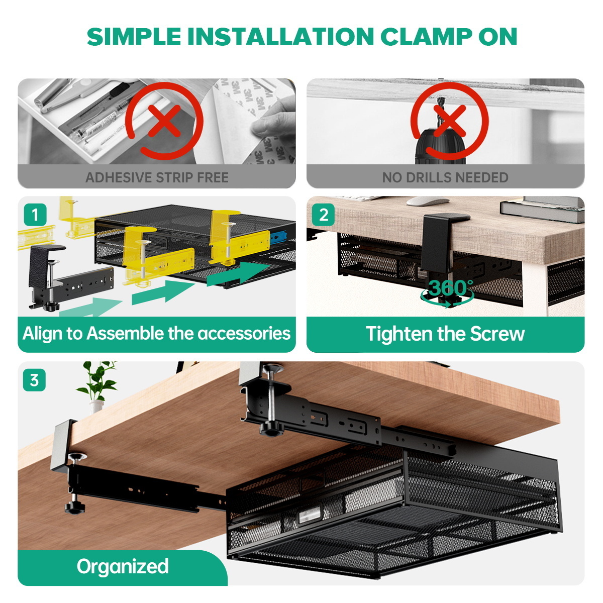 Under desk cable Management and Clamp-on Swivel Pencil Drawer Desk Hidden Desk Organizer Extra Sturdy C-Clamp Mount System