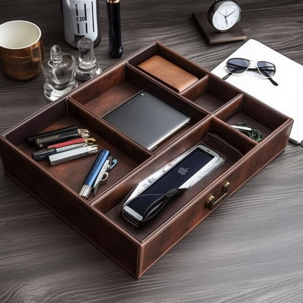 New design desk Storage organizer wallet key mobile phone wooden leather storage tray