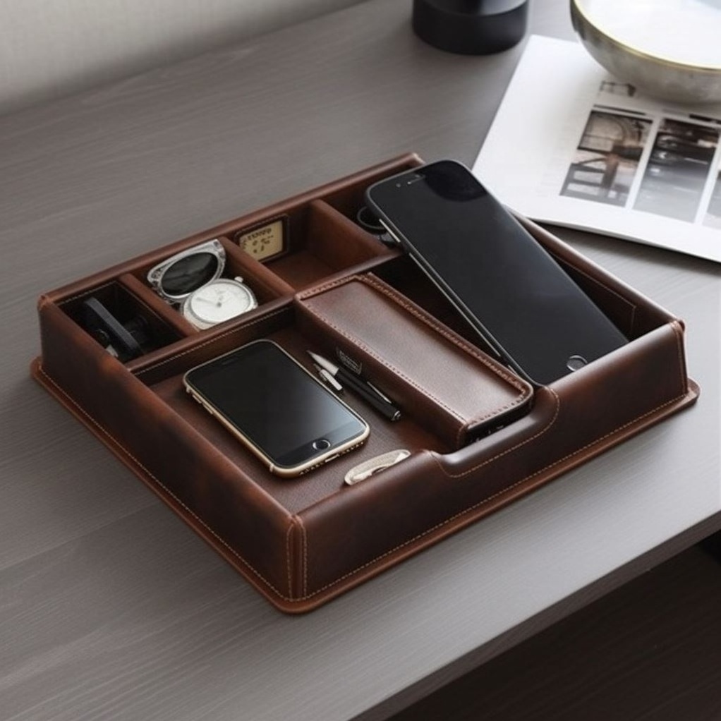 New design desk Storage organizer wallet key mobile phone wooden leather storage tray