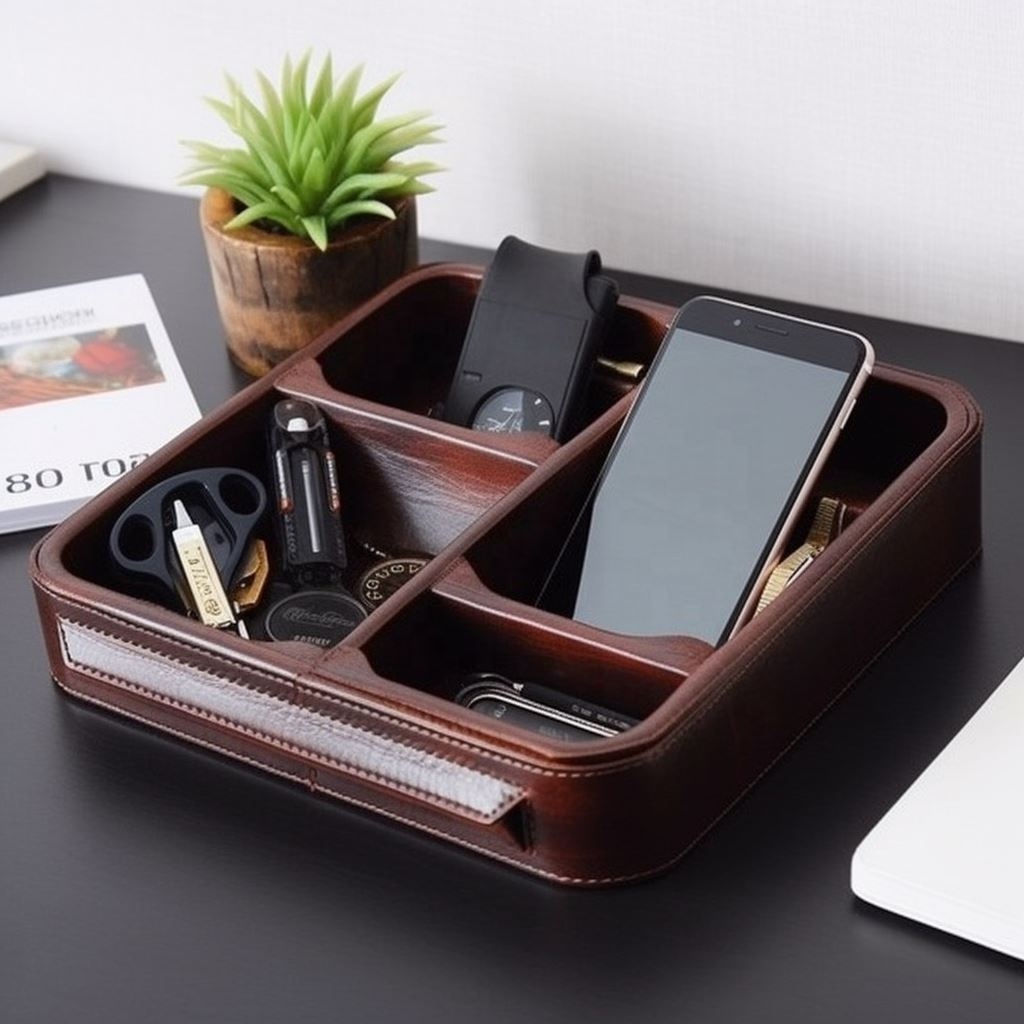 New design desk Storage organizer wallet key mobile phone wooden leather storage tray