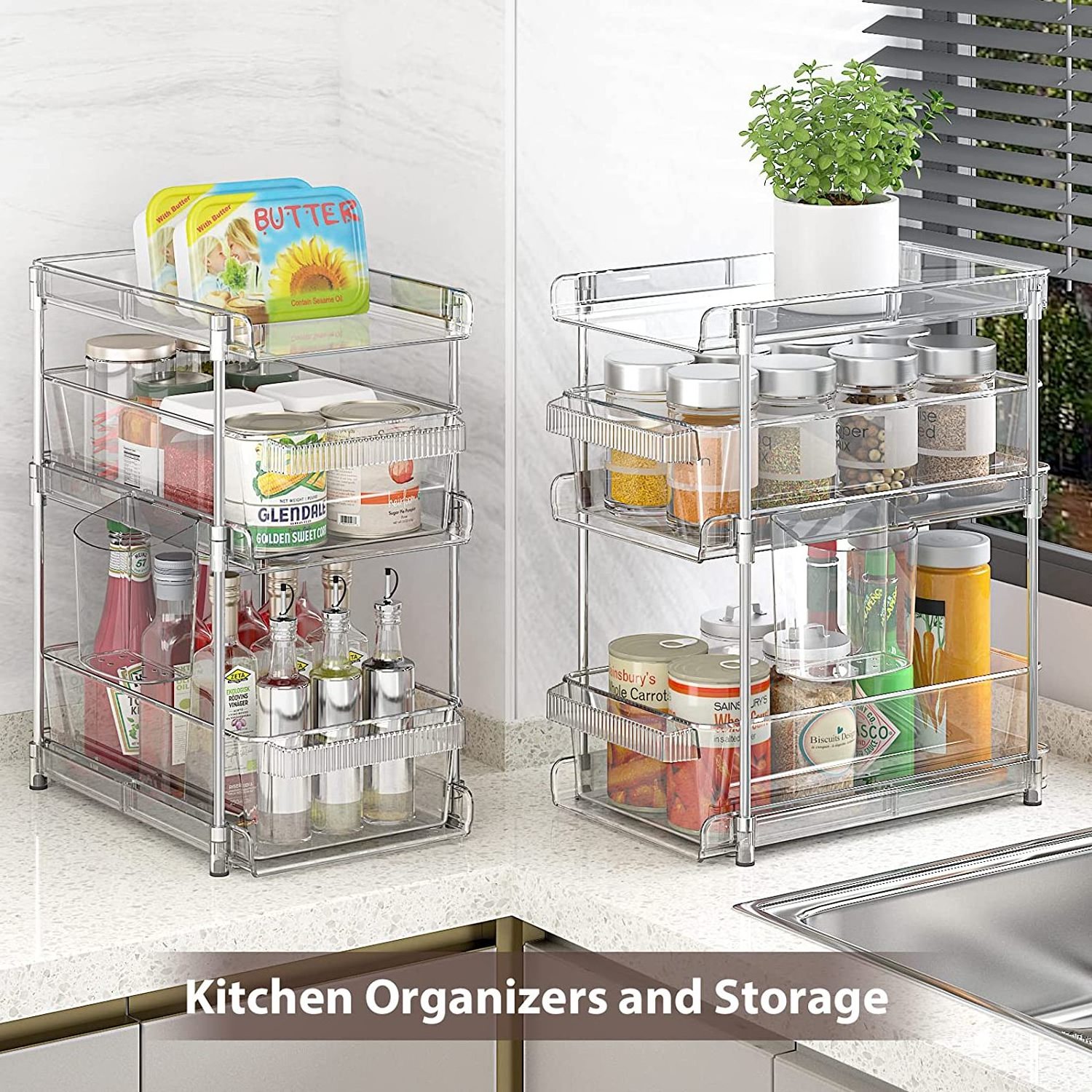 Clear Bathroom Organizer with Dividers Multi-Purpose Pull-Out Pantry Organization and Storage Under Sink Closet Organizer