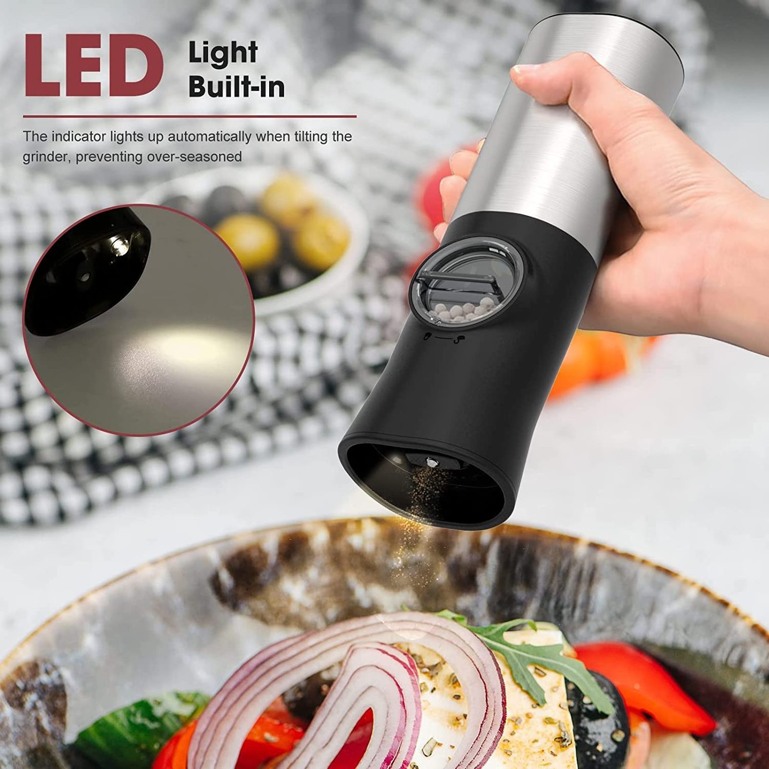 Gravity Electric Pepper Grinder Automatic Salt and Pepper Mill Grinder Battery Operated Salt Grinder Refillable with Adjustable