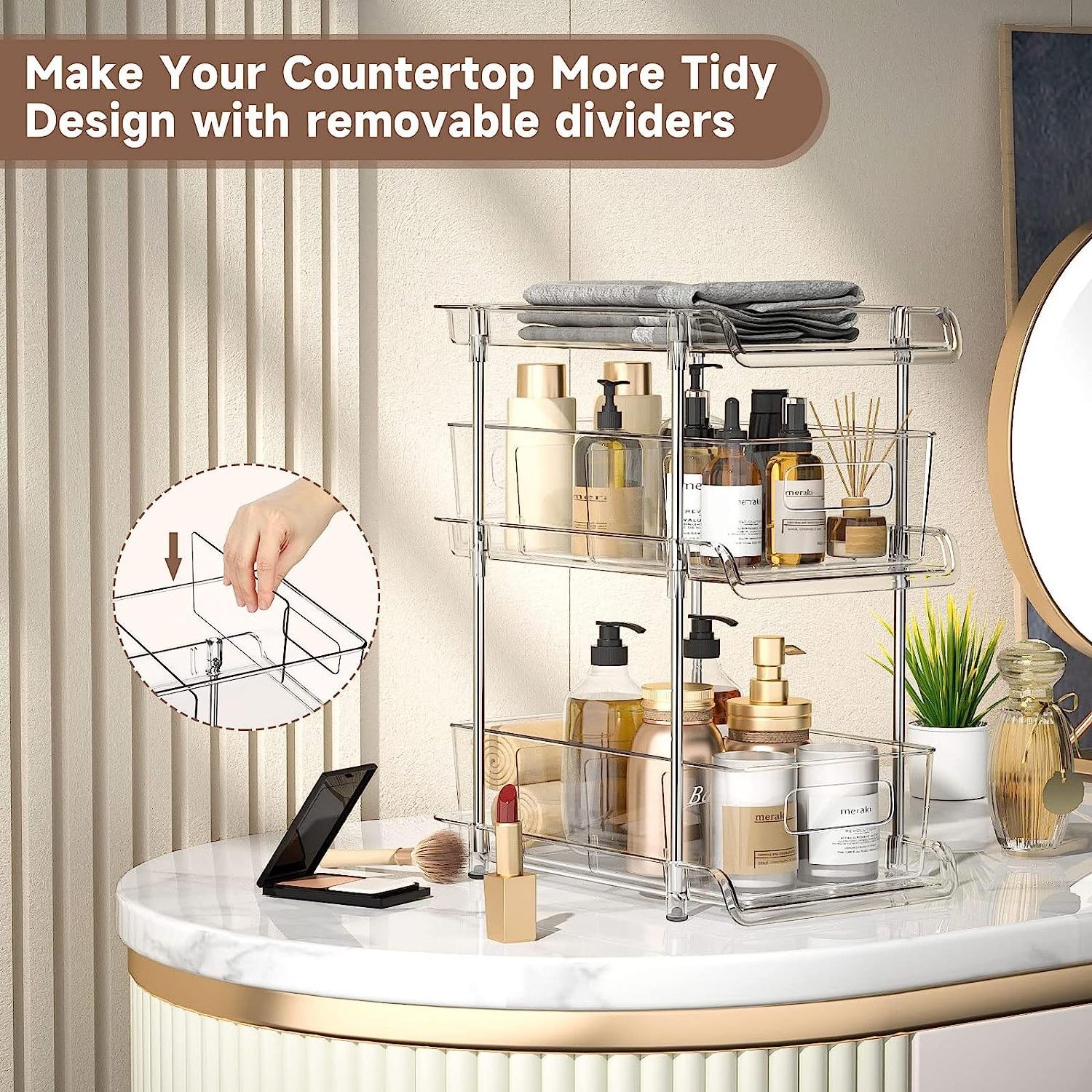 Clear Bathroom Organizer with Dividers Multi-Purpose Pull-Out Pantry Organization and Storage Under Sink Closet Organizer