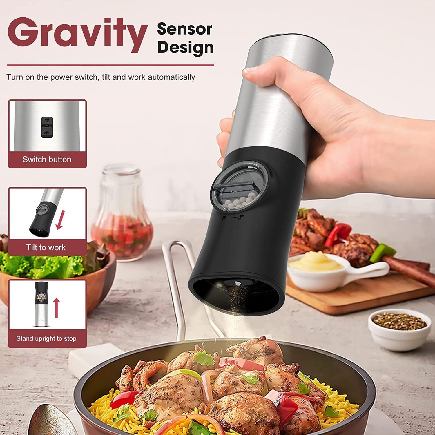 Gravity Electric Pepper Grinder Automatic Salt and Pepper Mill Grinder Battery Operated Salt Grinder Refillable with Adjustable