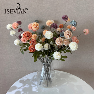 ISEVIAN 5 Heads Silk Artificial Ping Pong Chrysanthemum balls Dandelion Flowers for Wedding Garland Decor