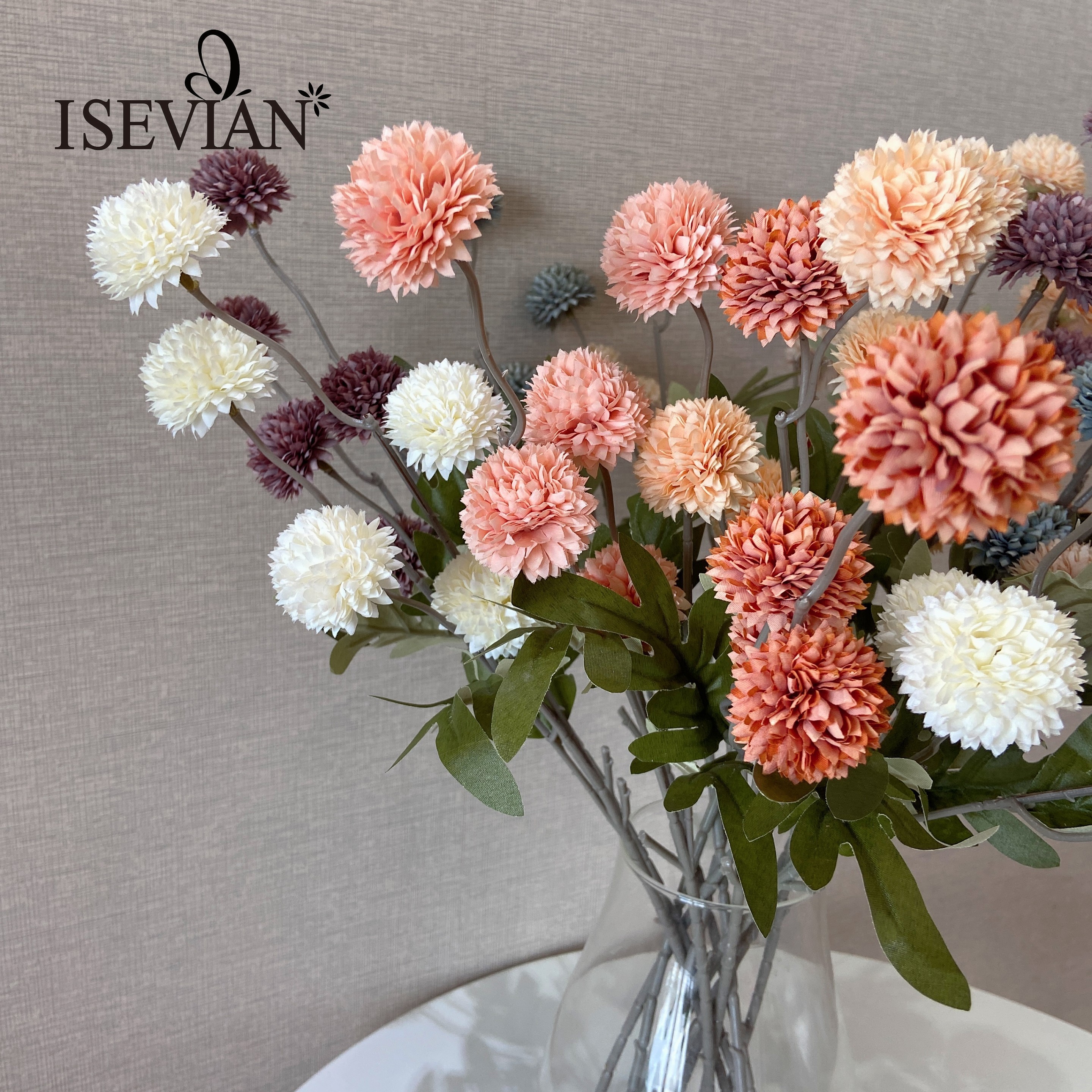 ISEVIAN 5 Heads Silk Artificial Ping Pong Chrysanthemum balls Dandelion Flowers for Wedding Garland Decor