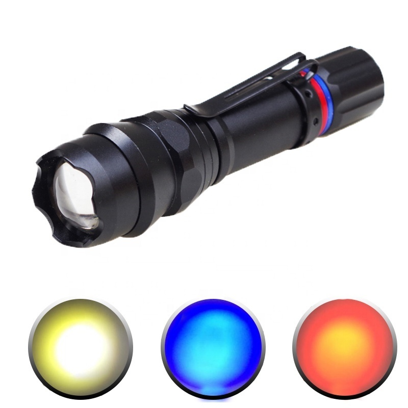 Zoomable RGBW Multi Color 3 Color in 1 White Blue Red LED Torch Light Flashlight