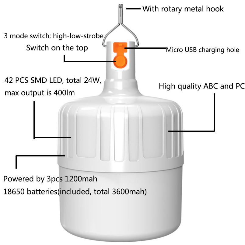 Cheapest 24W Dimmable USB Rechargeable Outdoor Camping Light Emergency Lamp Bulb Hanging Led Camping Led Light