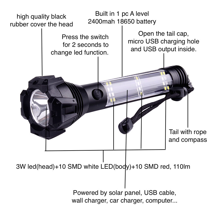 Handheld Solar Powered Tactical Flashlights USB Rechargeable Waterproof Car LED Flash Light For Emergency