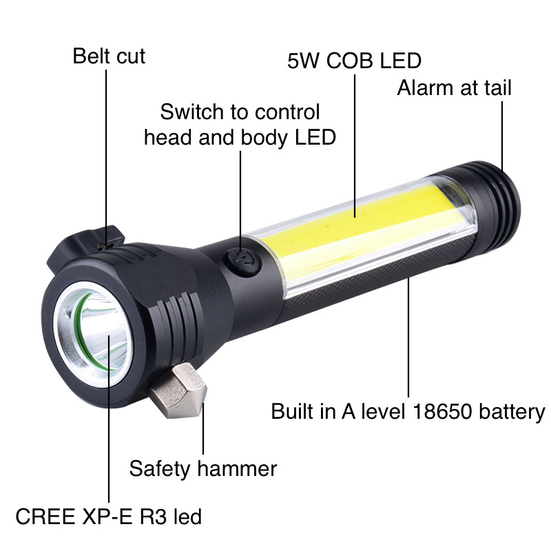 Hot Sale Portable Multi-functional Working Torch Rechargeable Strong Magnet With Safety Hammer Flashlight