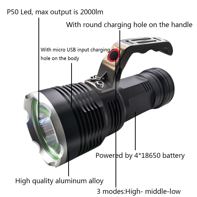 High Quality P50 Led Rechargeable Outdoor Emergency spotlight Hand Held Powerful Searchlight