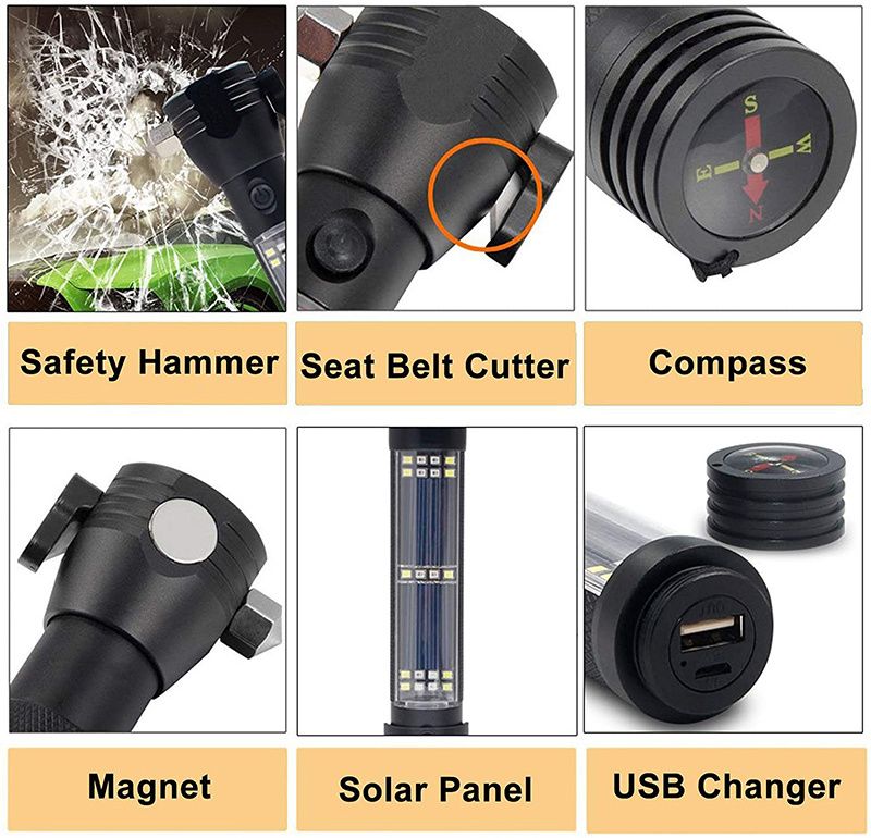 Solar Flashlight Car LED Flashlight Emergency Light USB Rechargeable With Belt Cutter Hammer Compass Flashlight