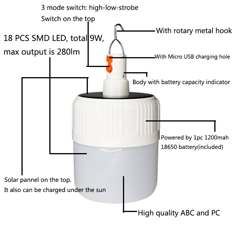 Portable Rechargeable 9W Emergency Solar Led Camping Lantern Waterproof Led Camping Lamp