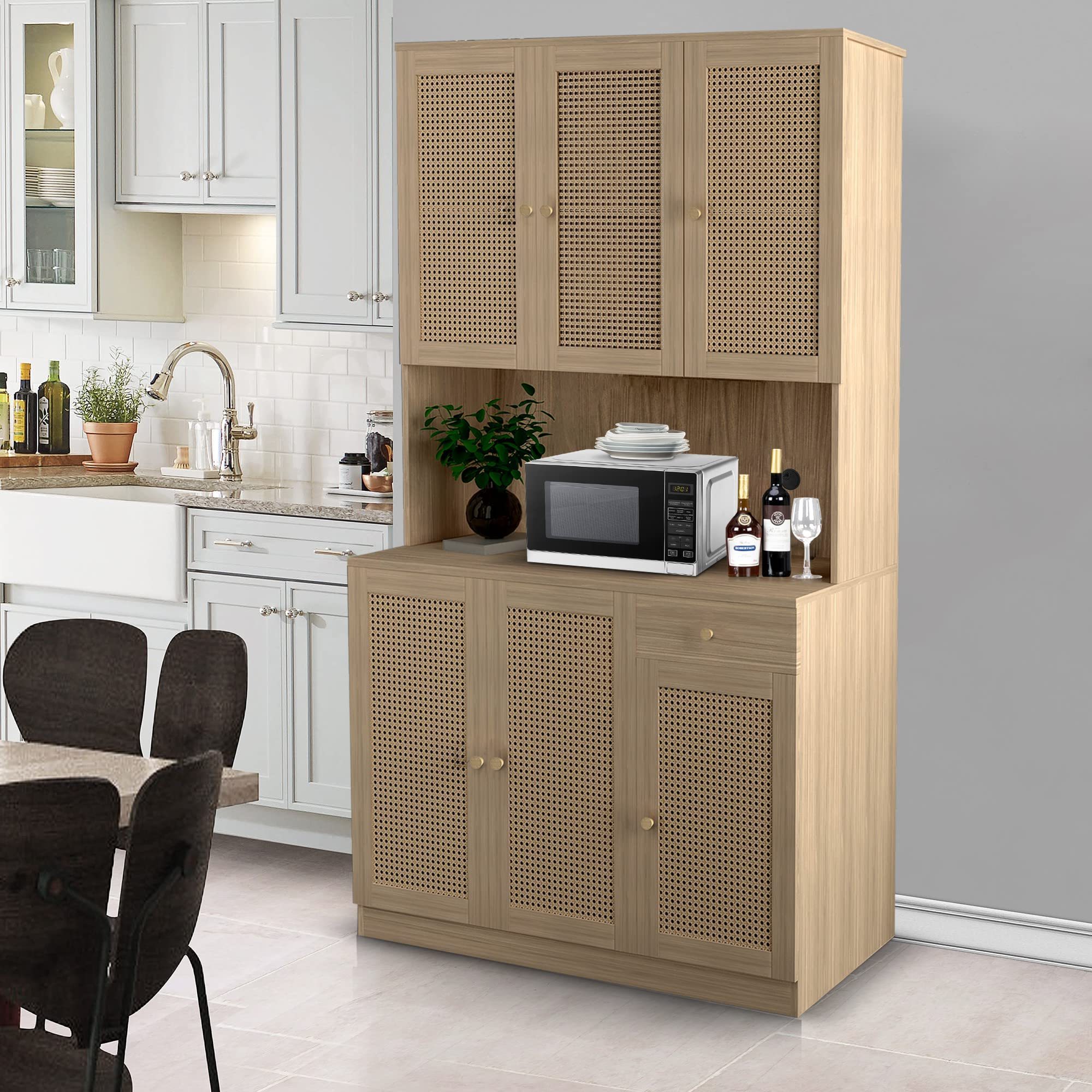 Freestanding Pantry Storage Cabinet Natural Rattan Door Buffet Cupboards Sideboard 6 Doors OAK Storage Cabinet