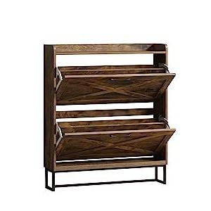 Entryway Furniture Freestanding Shoe Organizer Wooden Thin Shoe cabinet Storage Rustic Shoe Rack cabinet with 2 Flip Doors