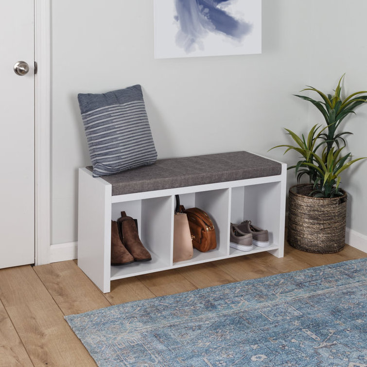 White Simple Design Shoe Cabinet Padded Seat Cushion Shoe Storage Cabinet 3 Space Shoe Storage Bench