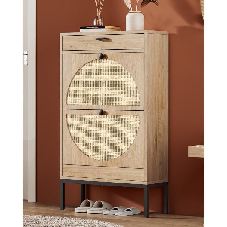 Special Natural Rattan Shoe Rack Cabinet 2 Circular Doors and 1 Drawer Shoe Storage Cabinet Entryway Wooden Shoe Cabinet