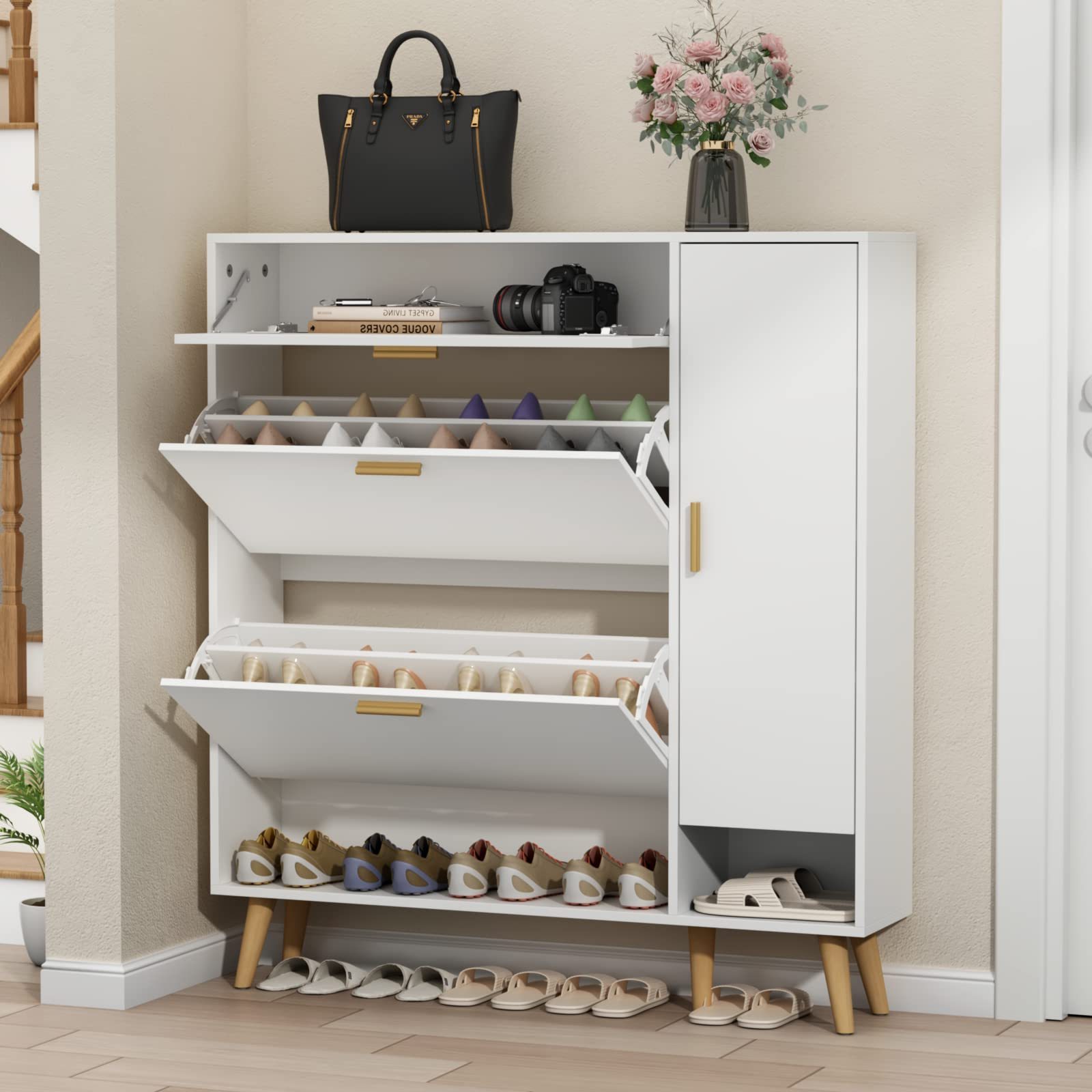 Entryway Shoe Storage Rack Cabinet Moden Large Capacity Shoe Cabinet Organizer with 3 Flip Drawers and Shelves