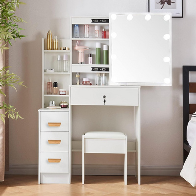 Girls Vanity Desk Set with Light Bulbs and Sliding Mirror Makeup Table with Drawers and Soft Cushioned Stool for Bedroom