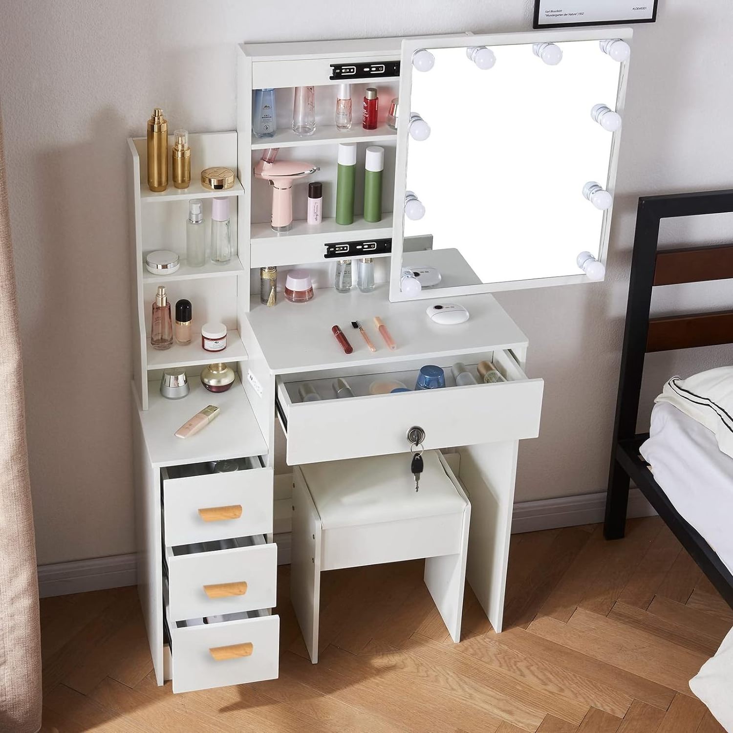 Girls Vanity Desk Set with Light Bulbs and Sliding Mirror Makeup Table with Drawers and Soft Cushioned Stool for Bedroom