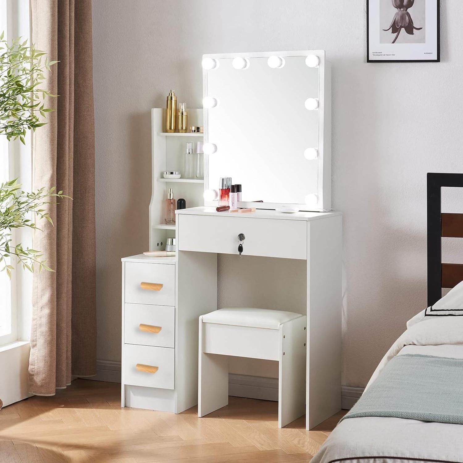 Girls Vanity Desk Set with Light Bulbs and Sliding Mirror Makeup Table with Drawers and Soft Cushioned Stool for Bedroom