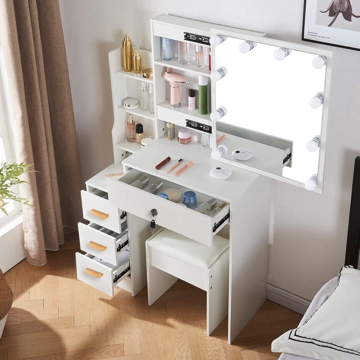 Girls Vanity Desk Set with Light Bulbs and Sliding Mirror Makeup Table with Drawers and Soft Cushioned Stool for Bedroom