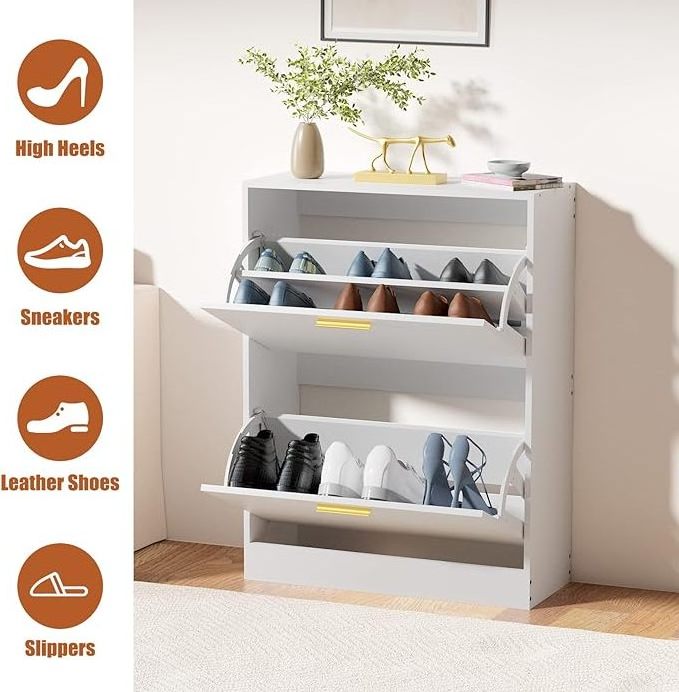 White Slim Shoe Rack Storage Cabinet with Flip Drawers Narrow  2 Tier Freestanding Shoe Organizer for Entryway Living Room