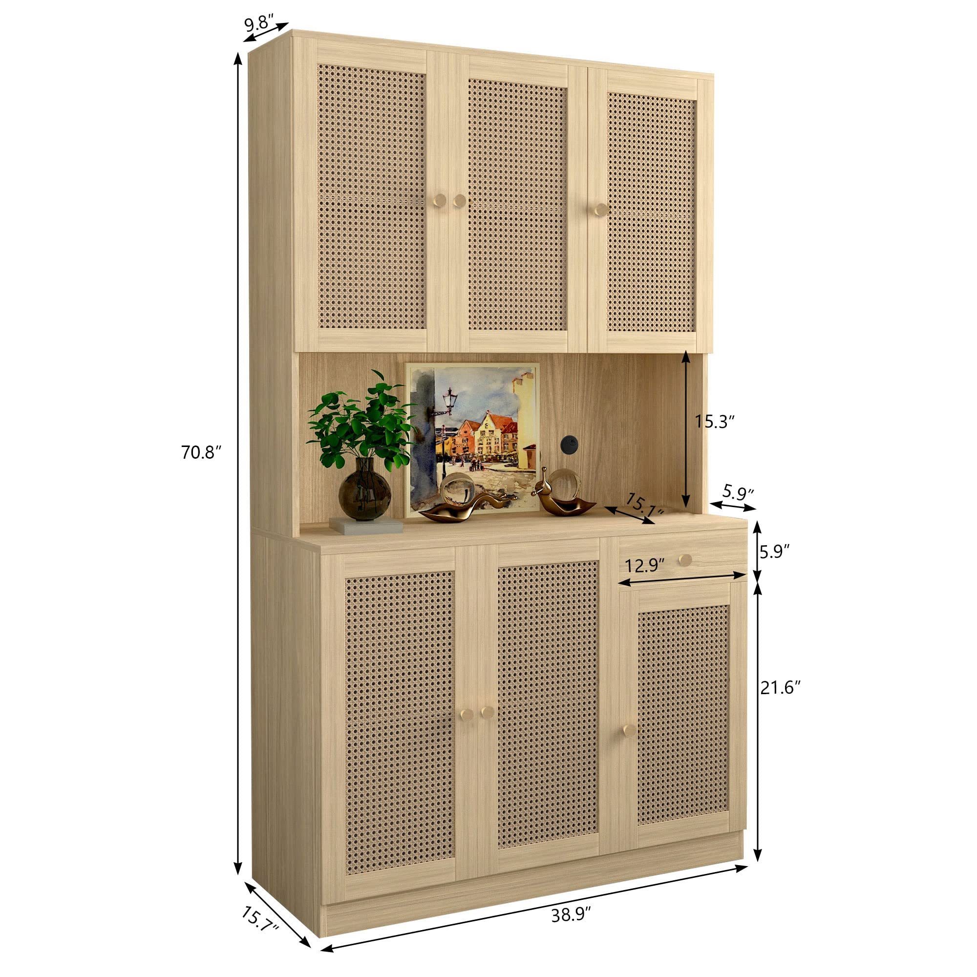 Freestanding Pantry Storage Cabinet Natural Rattan Door Buffet Cupboards Sideboard 6 Doors OAK Storage Cabinet