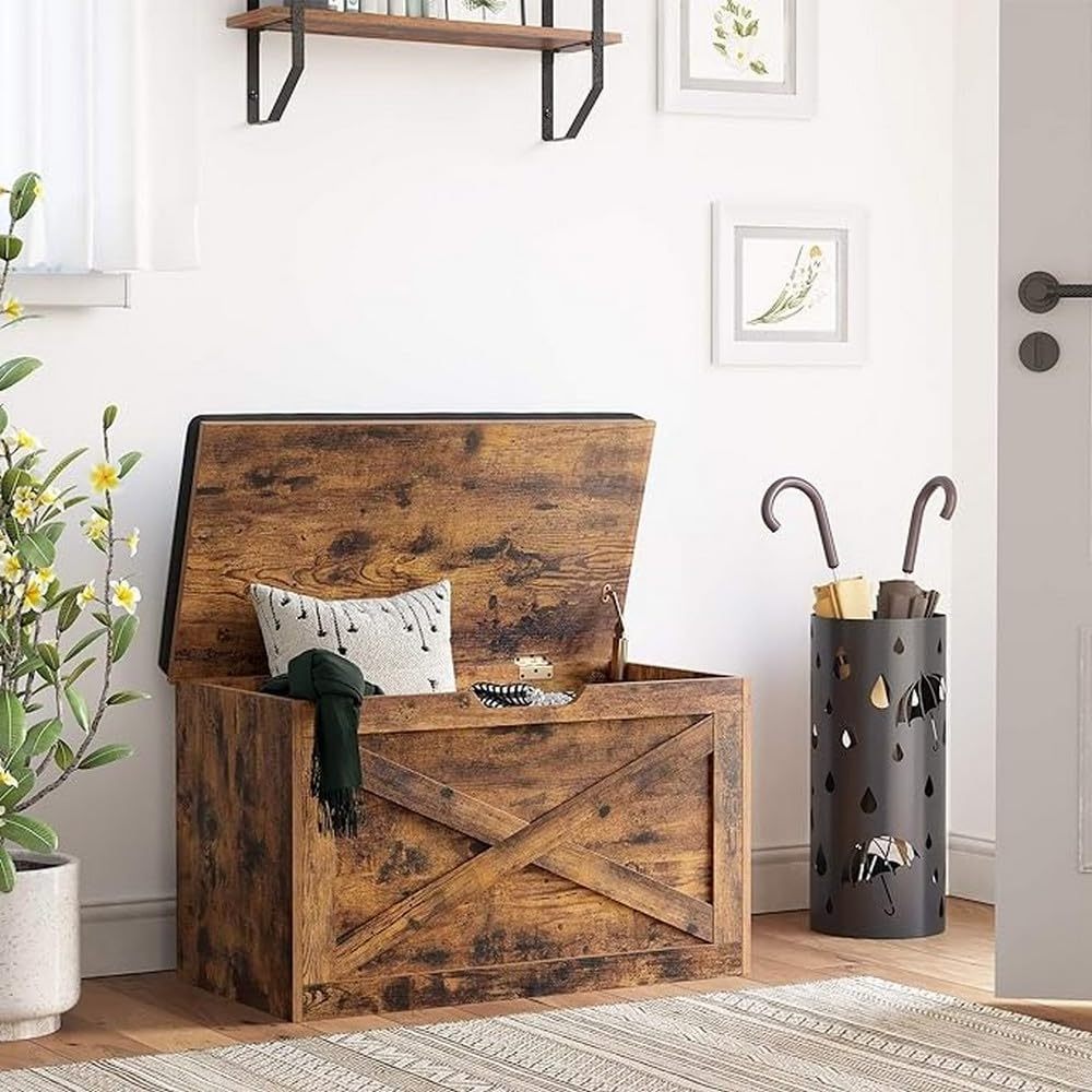 Barn-Door Style Toy Storage Chest  X-shaped Structures Padded Shoe Bench Large Storage Spacity Entryway Shoe Bench