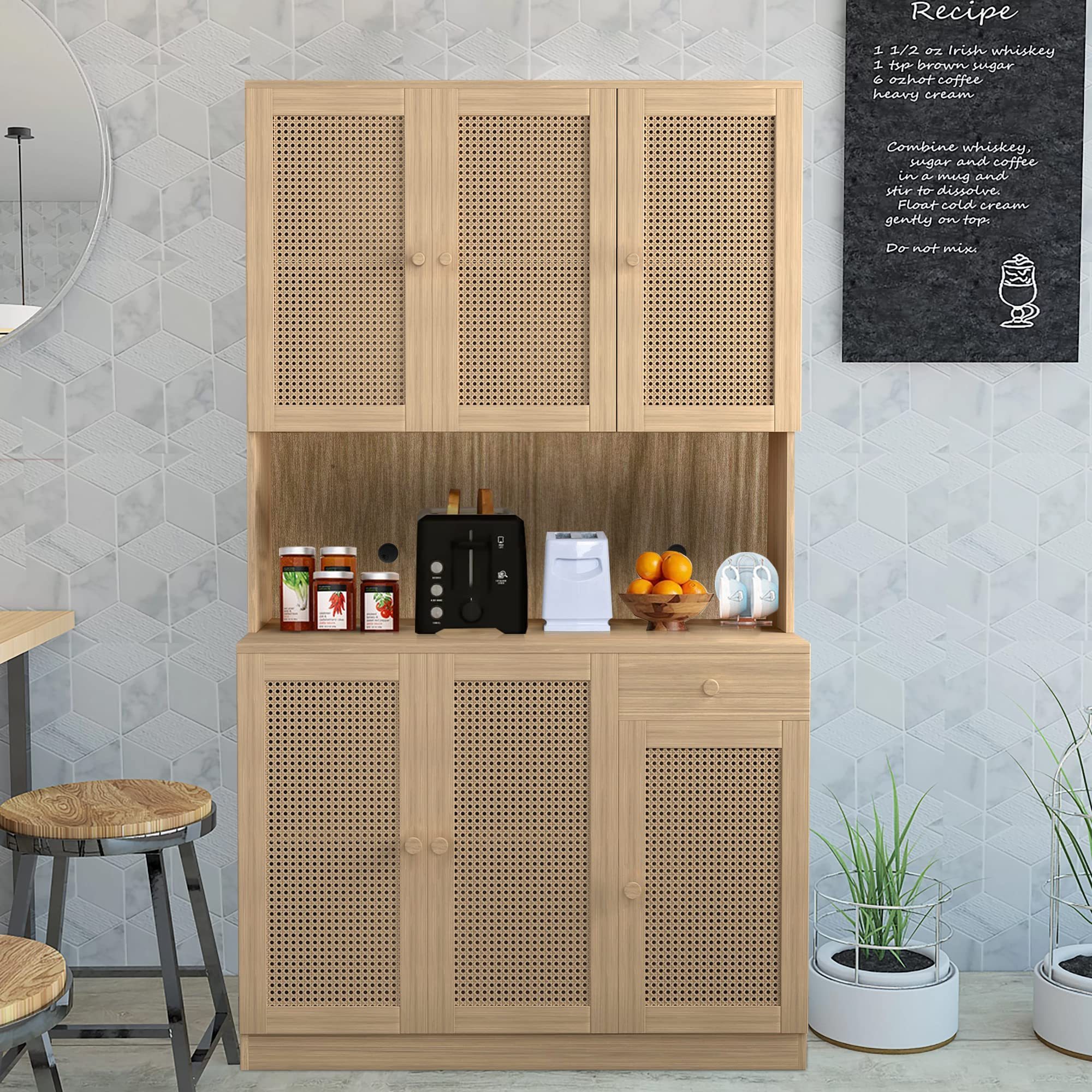 Freestanding Pantry Storage Cabinet Natural Rattan Door Buffet Cupboards Sideboard 6 Doors OAK Storage Cabinet