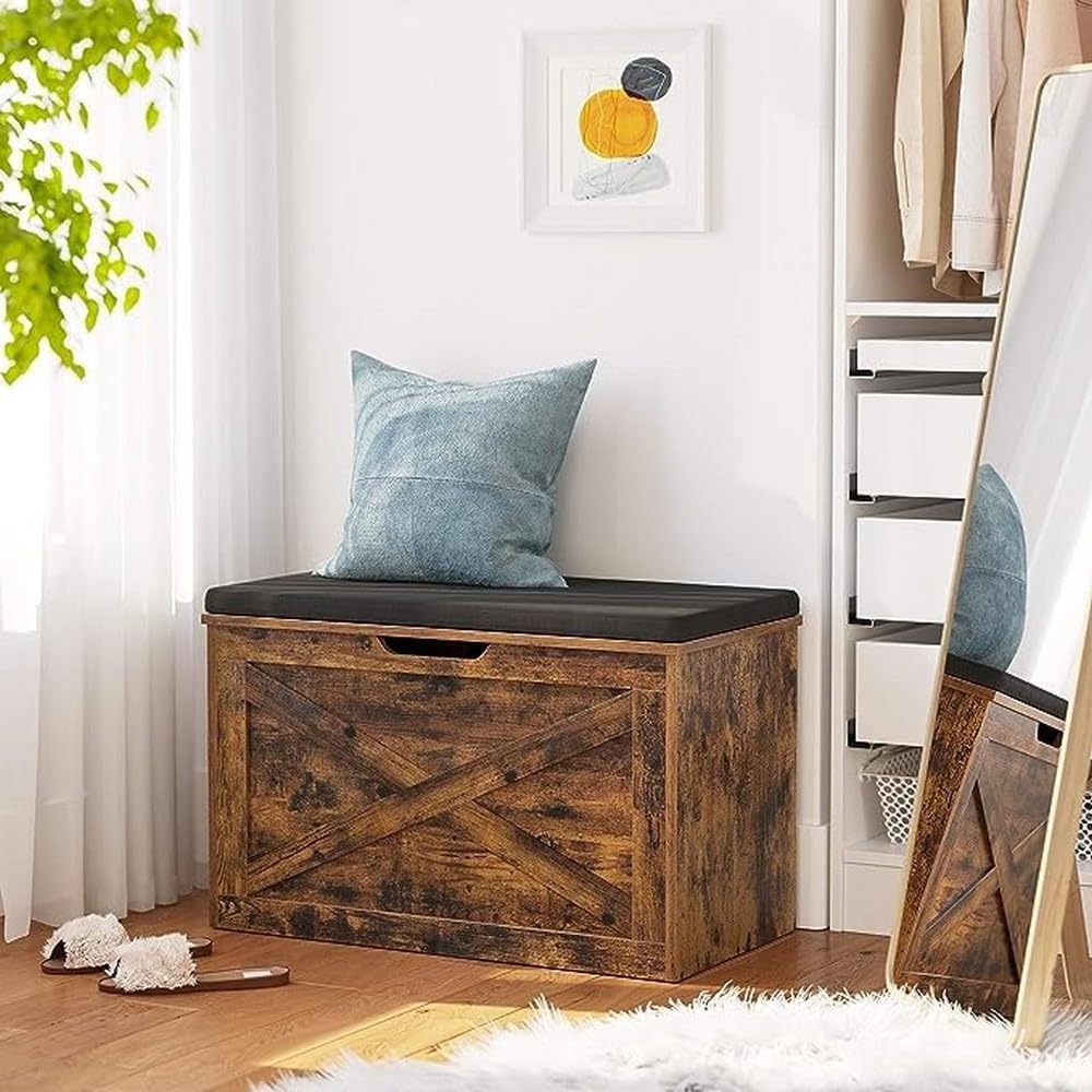 Barn-Door Style Toy Storage Chest  X-shaped Structures Padded Shoe Bench Large Storage Spacity Entryway Shoe Bench