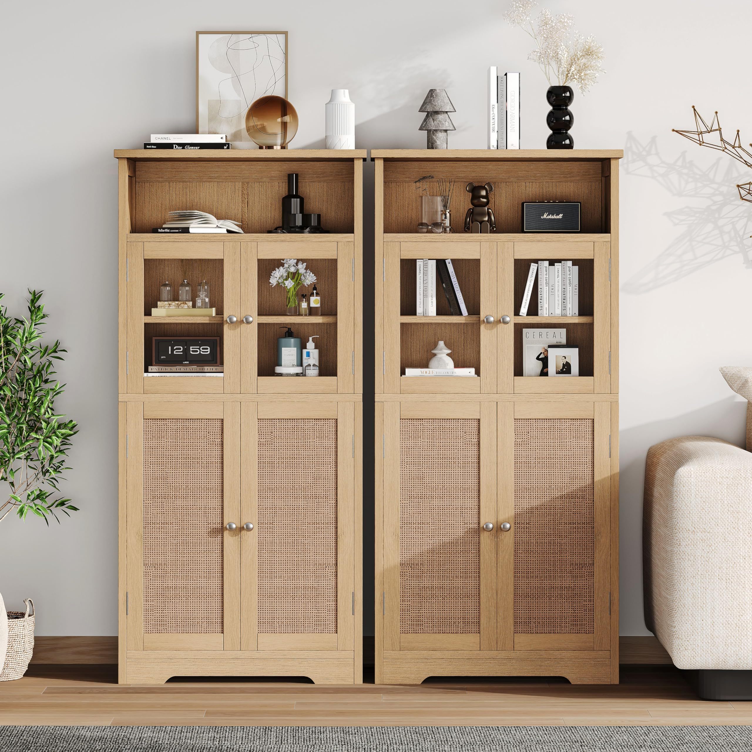 Special Design Rattan Storage Cabinet Two Glass Doors Buffet Cabinet Multipurpose Wooden Kitchen Pantry Cabinet