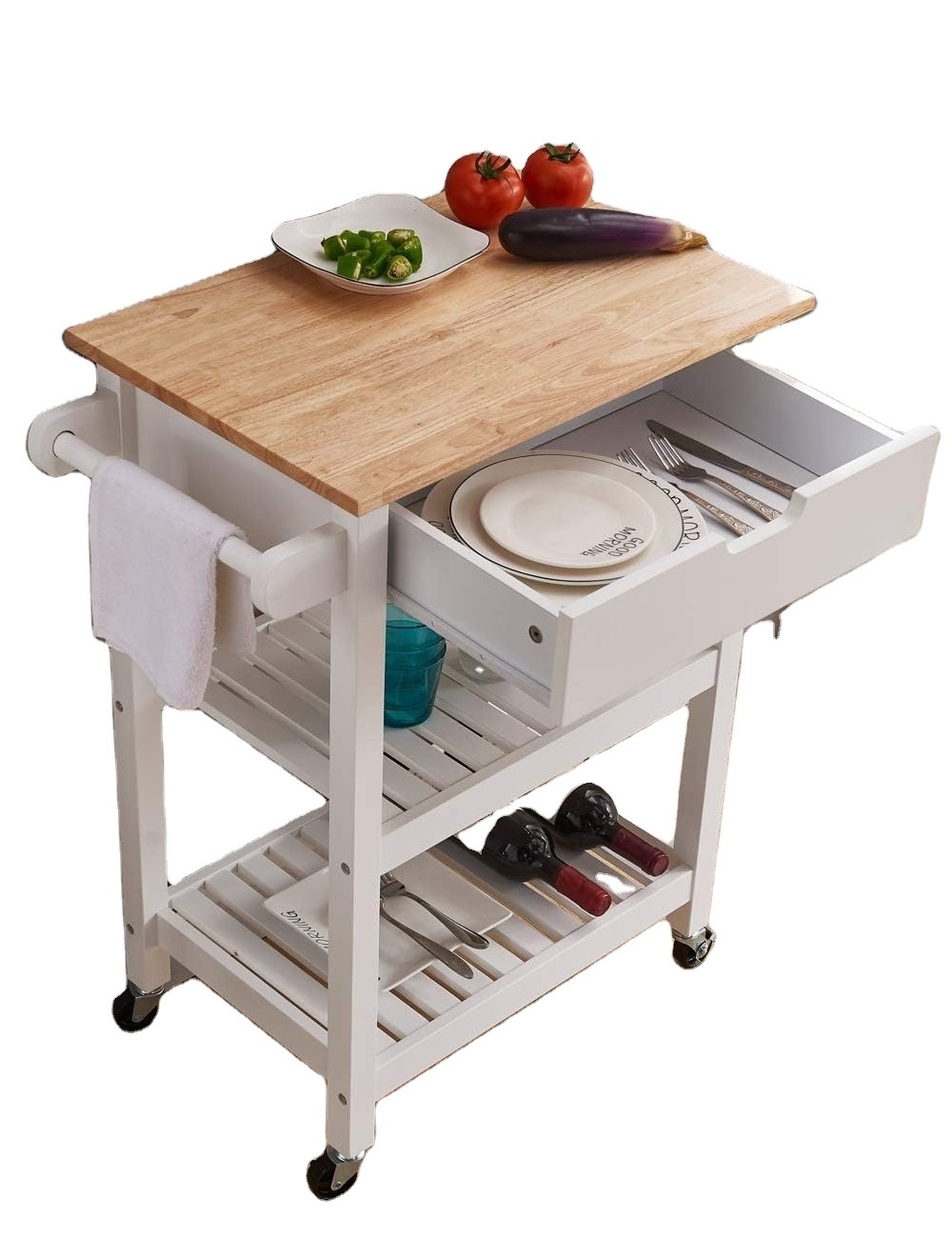 Wooden Small Kitchen  Island Cart On Wheels Rolling Rubber Wood Counter Top High Quality MDF shelves With Storage