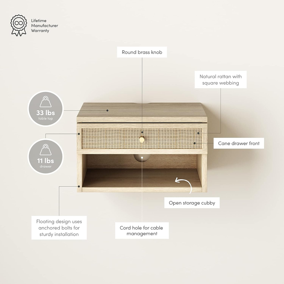 Wall Mounted Rattan Floating Nightstand One Drawer and One Open Shelf Night Stand Natural Rattan Bedside Table