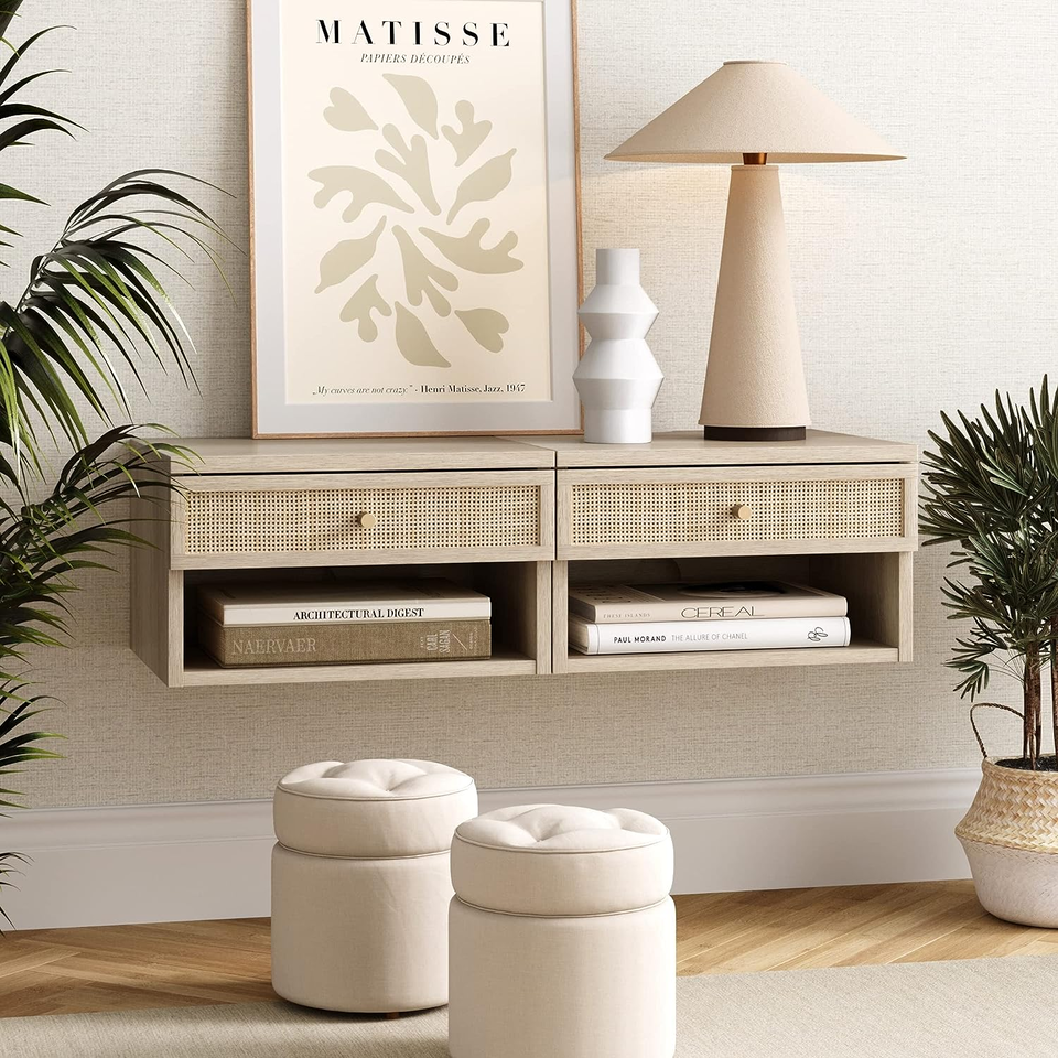 Wall Mounted Rattan Floating Nightstand One Drawer and One Open Shelf Night Stand Natural Rattan Bedside Table