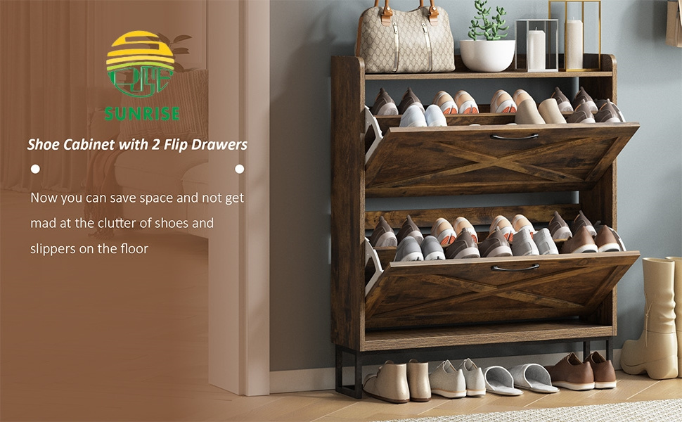 Entryway Furniture Freestanding Shoe Organizer Wooden Thin Shoe cabinet Storage Rustic Shoe Rack cabinet with 2 Flip Doors