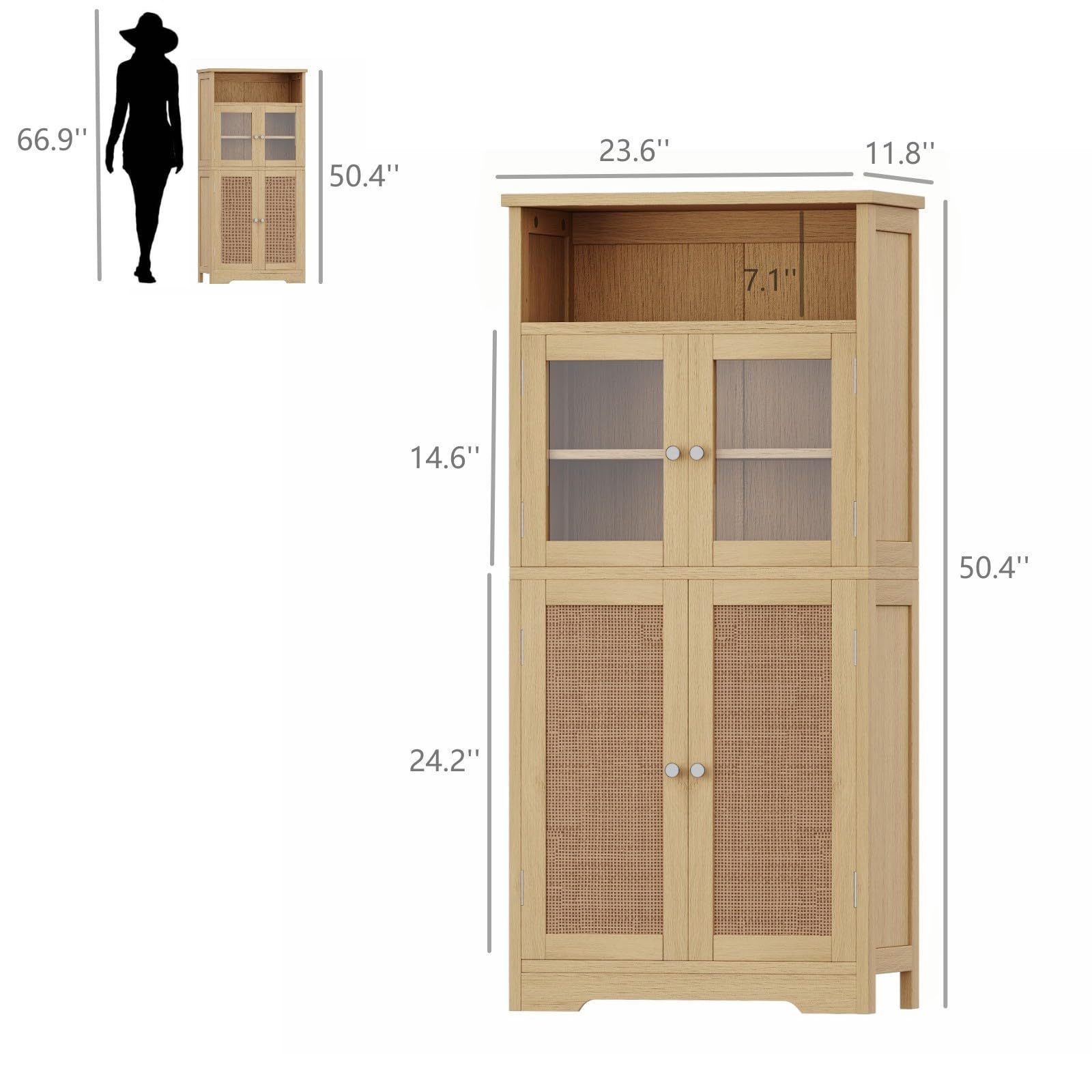 Special Design Rattan Storage Cabinet Two Glass Doors Buffet Cabinet Multipurpose Wooden Kitchen Pantry Cabinet