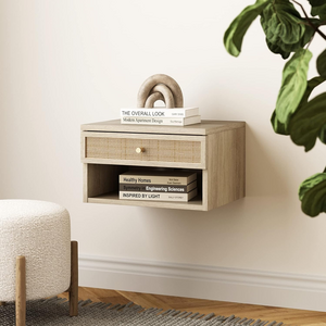 Wall Mounted Rattan Floating Nightstand One Drawer and One Open Shelf Night Stand Natural Rattan Bedside Table