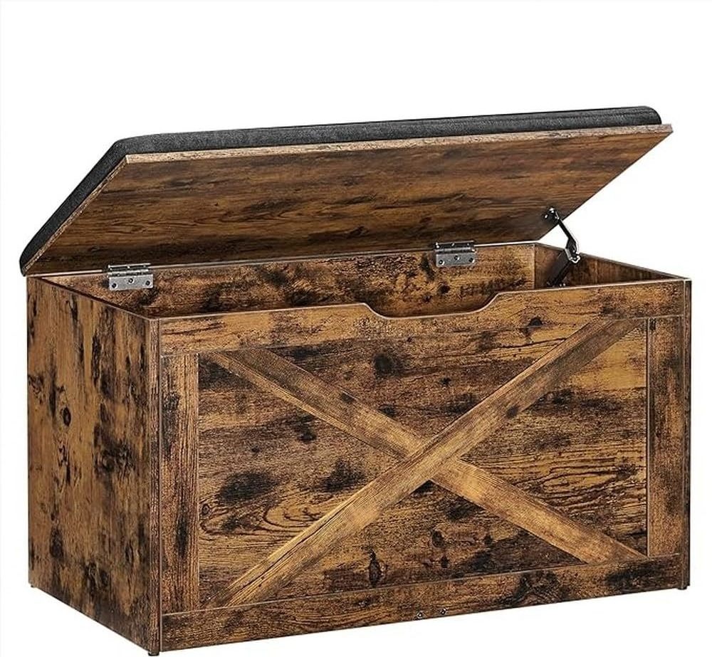 Barn-Door Style Toy Storage Chest  X-shaped Structures Padded Shoe Bench Large Storage Spacity Entryway Shoe Bench