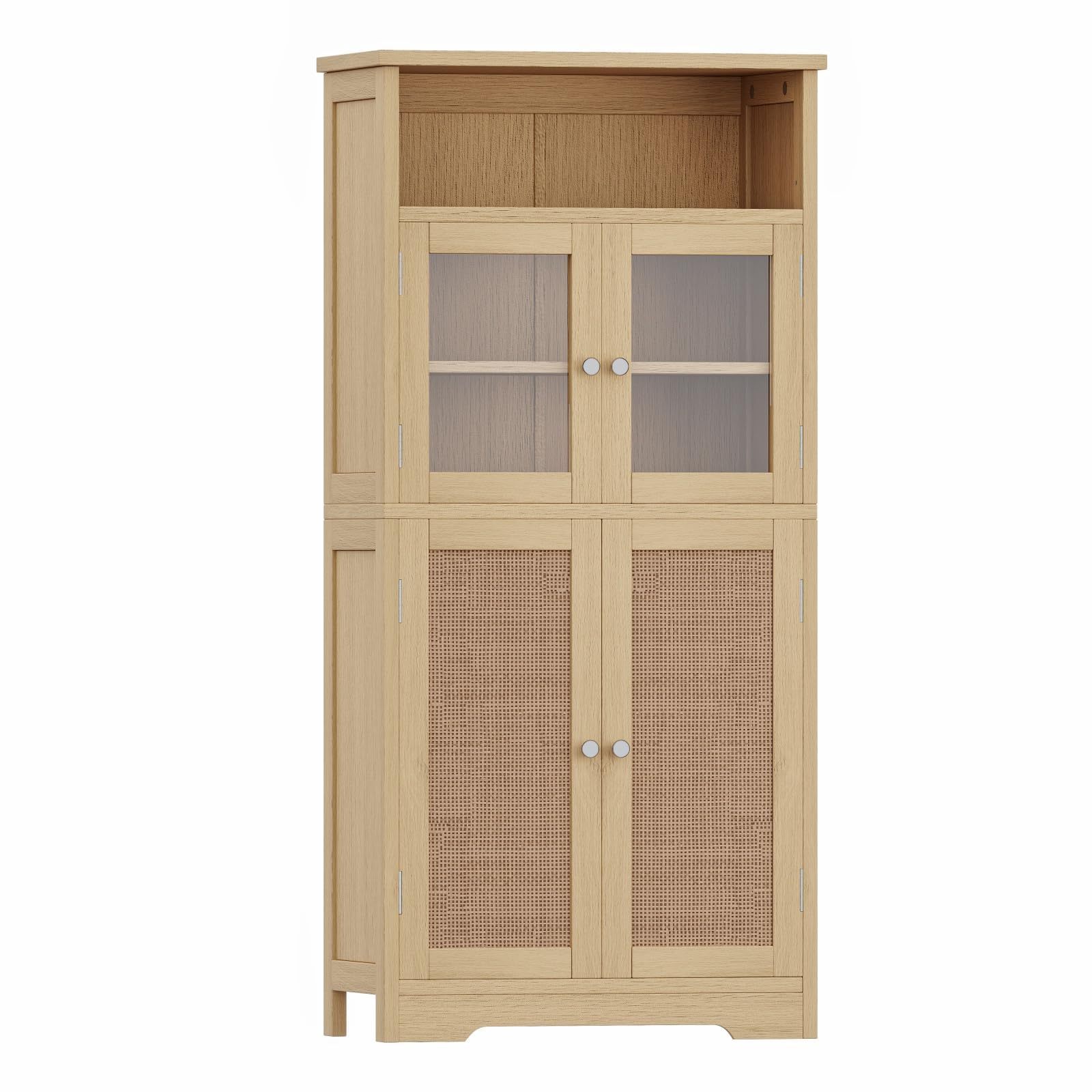 Special Design Rattan Storage Cabinet Two Glass Doors Buffet Cabinet Multipurpose Wooden Kitchen Pantry Cabinet