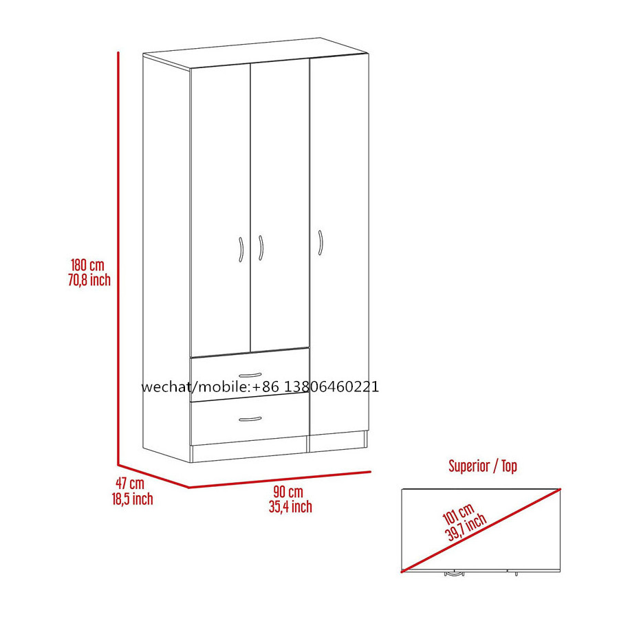 SG-LL205  wooden 3 Door Armoire Closet Wardrobe/Storage Cabinet Organizer with 2 Drawers 5 Concealed Shelves