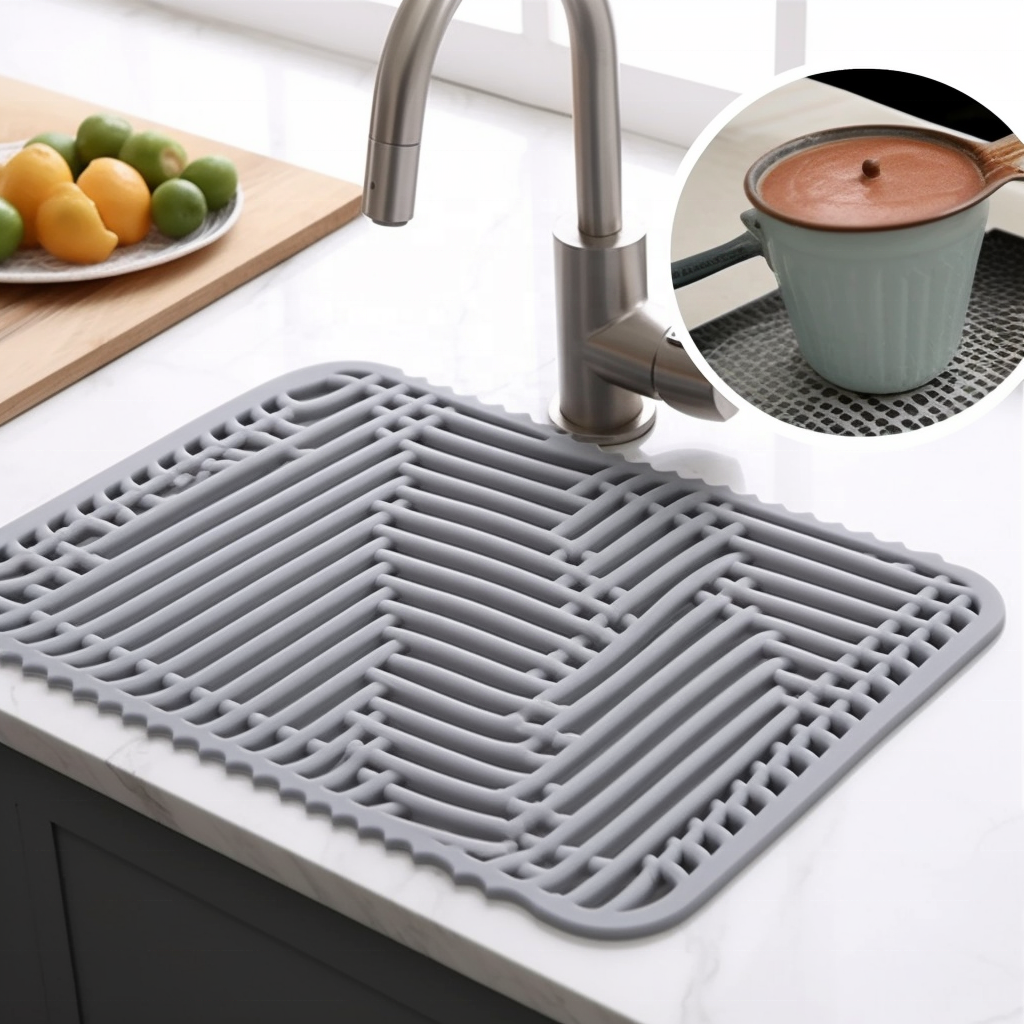 Silicone Draining Kitchen Sink Faucet Mat Rubber Kitchen Sink Mat Protector Mats Foldable Anti Slip Silicone Drain Sink Placemat