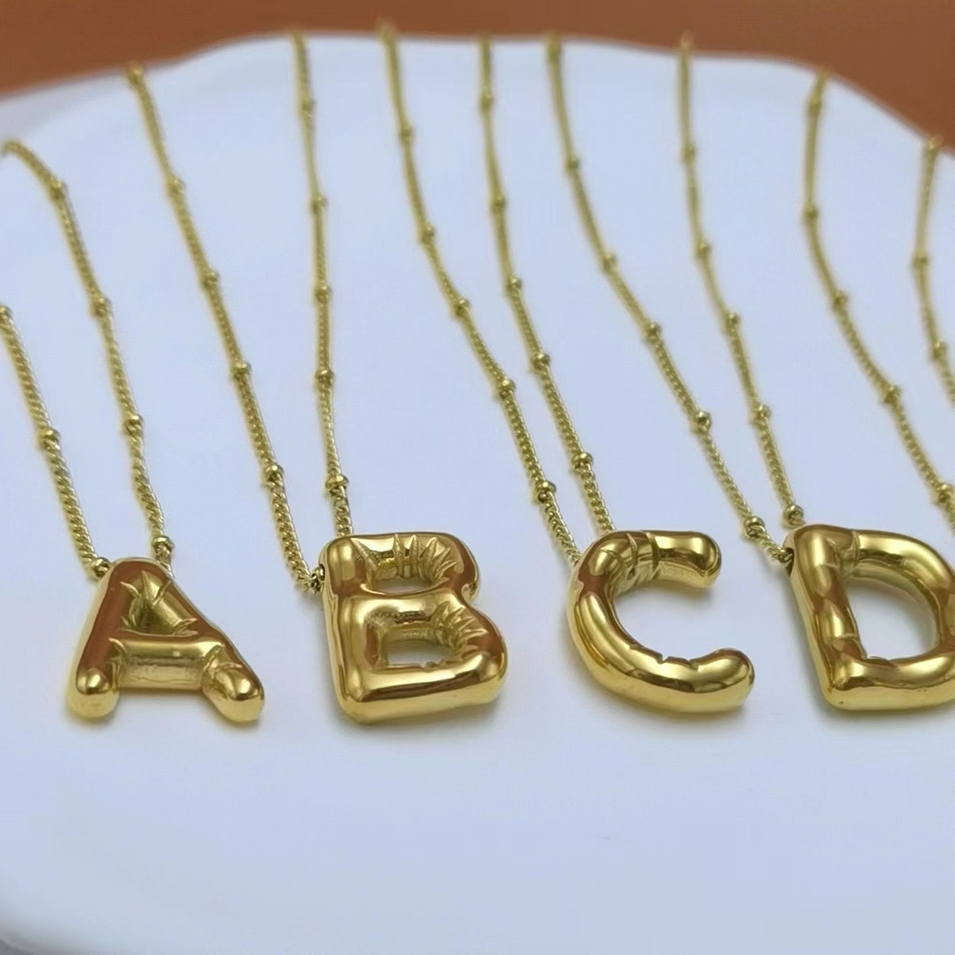 Wholesale Custom Alphabet Initial Balloon Necklace Stainless Steel Bubble Letter Necklace 18k Gold Plated Charm Pendant